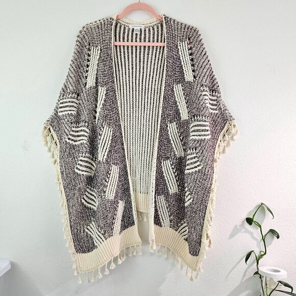 Anthropologie One Size Boho Kimono Open Front Cardigan Fringe Trim Patterned - Picture 3 of 13